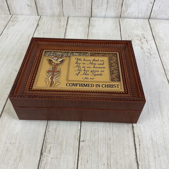 Confirmation Gift - Music Keepsake Trinket Jewelry Box Brown Faux Wood - Picture 1 of 8